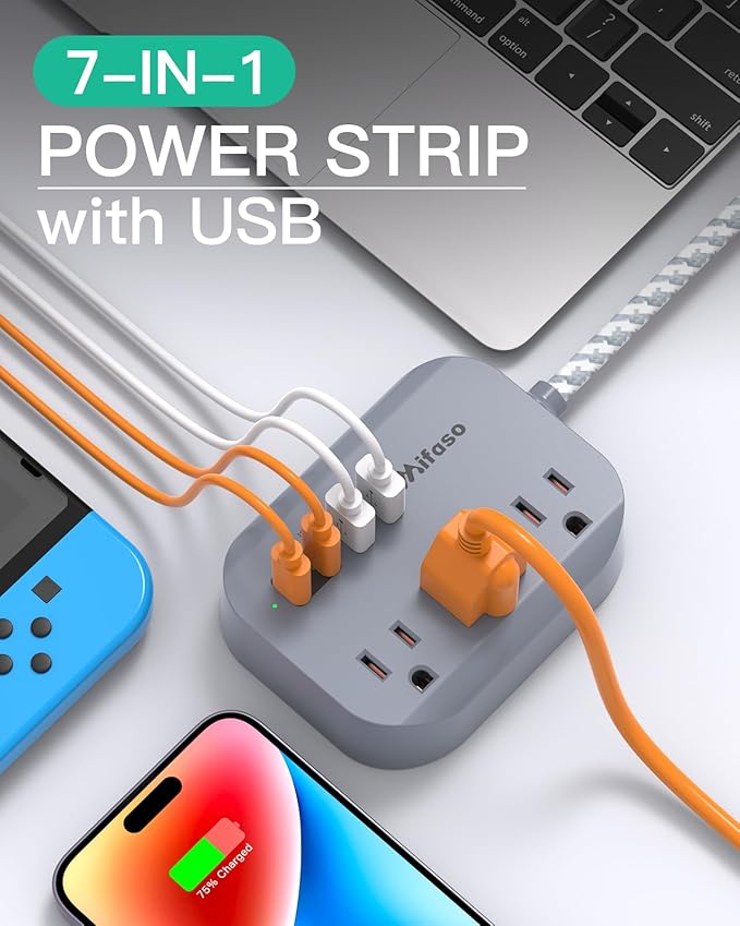 Cruise Ship Essentials - 3Ft Flat Extension Cord with Multiple Outlets, Power Strip USB Charging Station with Non Surge Protector for Cruise Ship, Travel, Dorm Room Essentials, Grey