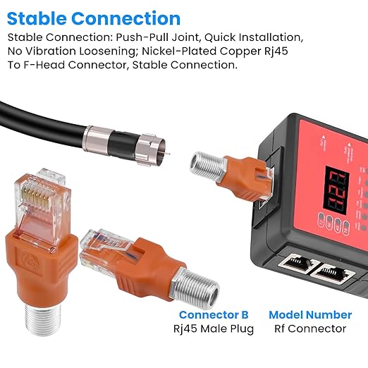 2PCS F-Type Female to RJ45 Male Coaxial Converter Ethernet Adapter, Coax Straight Connector for Cable Line Tester Monitor Digital Signal Compatible, Orange
