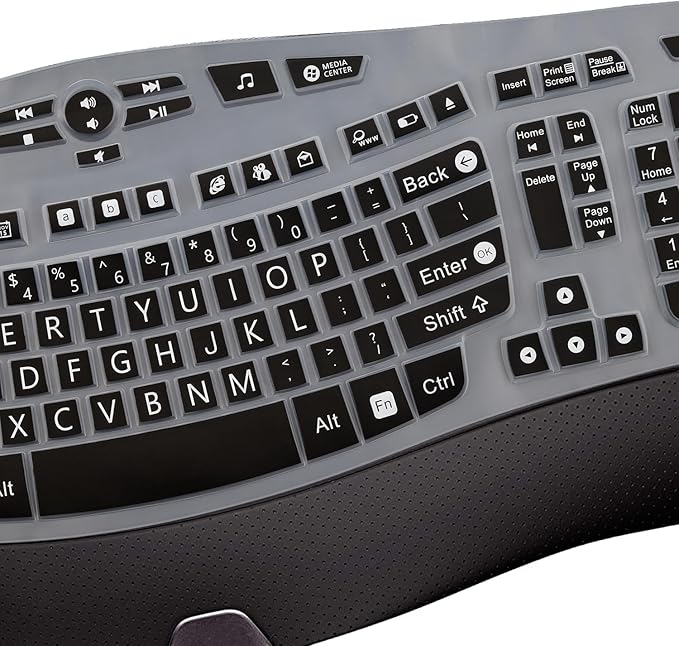 MUBUY-GOL Large Print Keyboard Cover for Logitech K350 Wireless Wave Keyboard, MK570, MK550; Black Silicone; Water Resistant, Dust Proof, Washable