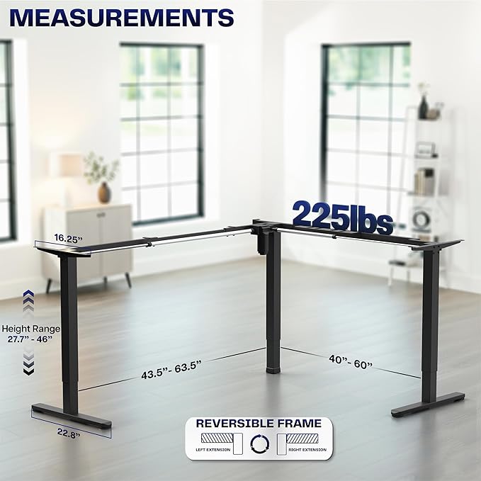 VIVO Large Electric Single Motor Height Adjustable 3-Leg CornerStanding Desk Frame, Holds up to 225 lbs, Sit Stand L-Shaped Motorized Legs Only, Black, DESK-E375B