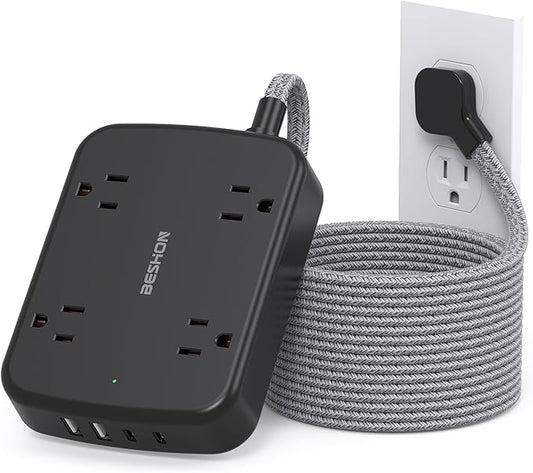 10FT Surge Protector Power Strip, BESHON Flat Extension Cord with 2 USB C, Flat Plug Power Strip, 4 Widely Outlets and 4 USB Charging Ports, 900 Joules, for Home Office Dorm Room Essentials,Black