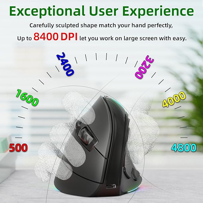 2.4G / BT/Wired Tri-Mode RGB Rechargeable G53 Wireless Vertical Ergonomic Mouse, 5 Side Buttons, Max 8400 DPI, for PC Computer Notebook Laptop, for Windows 11 10, Mac, iPad OS, Android - Black