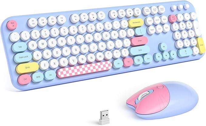 Retro Wireless Keyboard and Mouse Combo, SQMD Full-Size Office Typewriter Keyboard with Round Colorful Keycaps, 2.4G Cute Quiet Mouse for Windows PC, Home, Office, and College - Blue