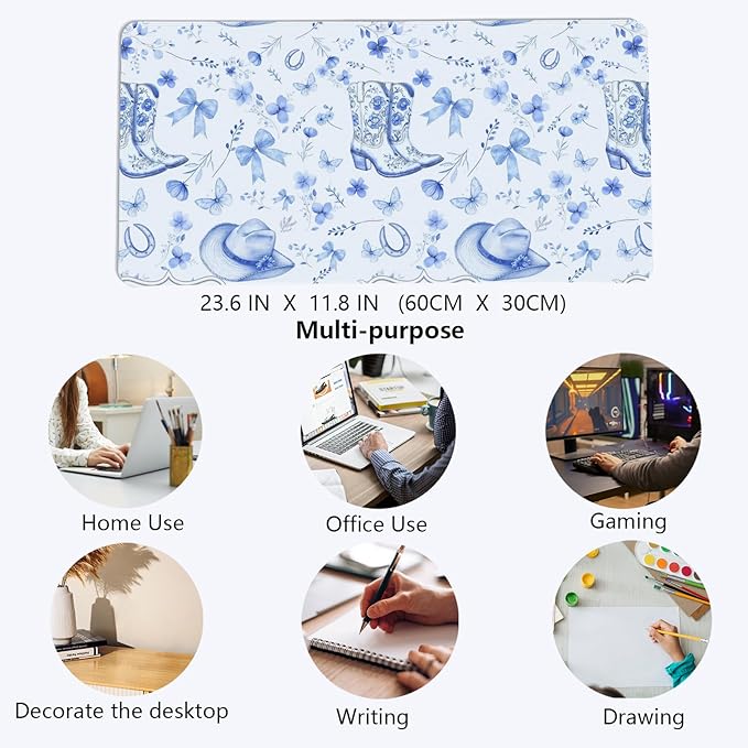 Western Cowgirls Desk Mat,Blue and White Floral Bow Mouse Pad,Blue Chinoiserie Large Mouse Pad,Preppy Coquette Girly Laptop Desk Mat for Dorm Western Accessories Gaming Mousepad 23.6x11.8In