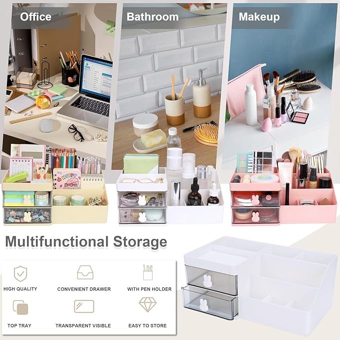 Desk Organizer, Makeup Organizer with 2 Drawer, 7 Compartment & a Top Tray, Desktop Organizers and Storage for Women, Cute Home organization Bathroom, 11" x 5.7" x 4.7" (White)