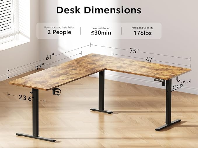 75x61 Inches Reversible L Shaped Standing Desk Height Adjustable with Cup Holder, Electric Corner Computer Workstation for Home Office, Ergonomic Sit Stand up Gaming Desk, Rustic Brown