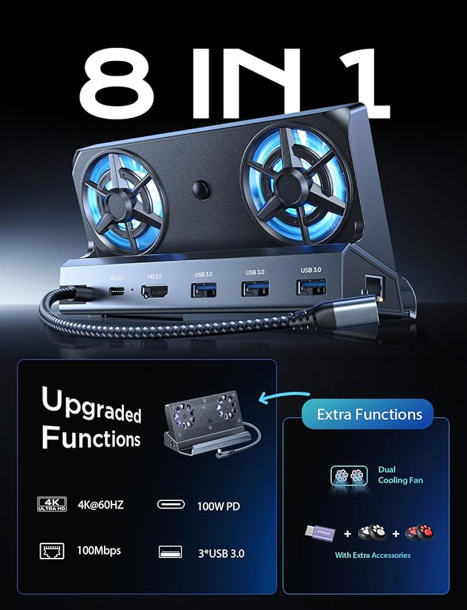 LISEN Docking Station for ASUS ROG ALLY X & Steam Deck & Lenovo Legion GO, Dual Cooling Fan [Zero Distraction] ROG ALLY Dock Station with 4K@60Hz,USB 3.0*3, PD100W and Ethernet Fit For Steam Deck OLED