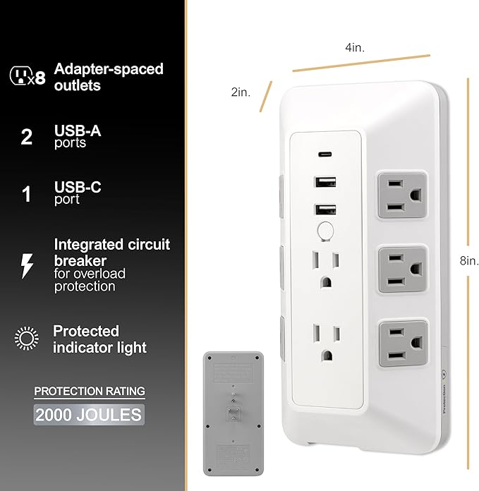 GE 8-Outlet Surge Protector with USB, Outlet Extender, 2 USB-A, 1 USB-C, Adapter Spaced, Multi Plug, Charging Station, for Home School and Office, 2000 Joules, White/Gray - 73654