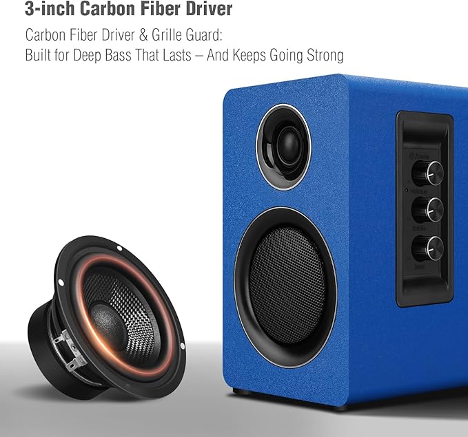 Computer Speakers for Desktop PC, Active Bookshelf Speaker with 3‘’ Carbon Fiber Woofer and Silk Film Tweeter ,Supports Bluetooth 5.3, USB-C, AUX/RCA Input for Record Player TV - Blue Stereo Set