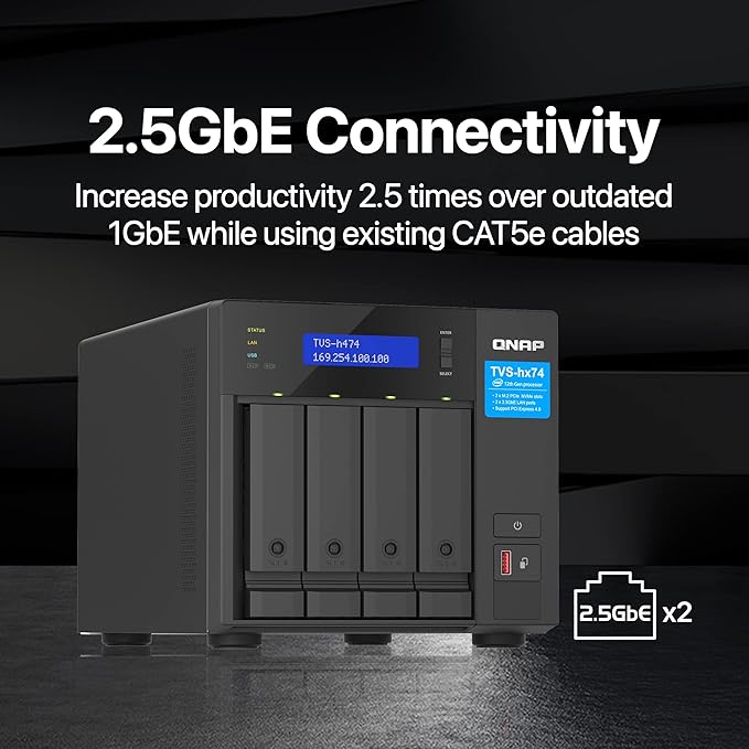 QNAP TVS-h474-PT-8G-US 4 Bay High-Speed Desktop NAS with Intel Pentium Gold 2-core CPU, 8GB DDR4 Memory, 2.5 GbE Networking and PCIe Gen 4 expandability (Diskless)