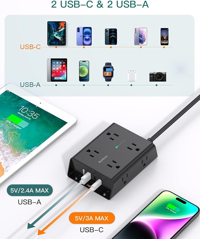 10FT Flat Plug Extension Cord with Multiple Outlets, Surge Protector Power Strip 10 ft Cord, 8 Outlets 4 USB Ports (2 USB C), Multi Outlet Wall Plug for Home Office College Dorm Room Essentials, Black