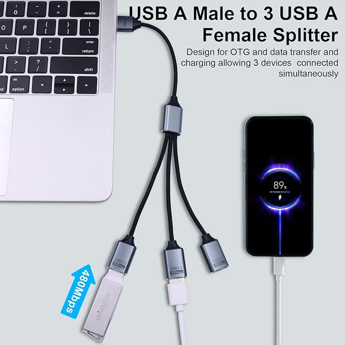 Danfetsoy USB Y Splitter 1 in 3 Out, USB Splitter Cable Type A 1 Male to 3 Female Charging Power Data Cable, 3 Port HUB for PC, Laptop, MacBook, Keyboard, PS5, Flash Drive, LED, 25cm