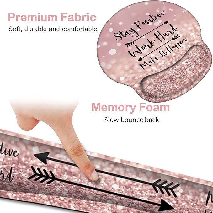 Keyboard Wrist Rest and Mouse Pad with Wrist Support, Ergonomic Mouse Pad Coaster, Easy Typing Pain Relief, Memory Foam Keyboard Mousepad Set,Stay Positive Work Hard and Make It Happen Pink