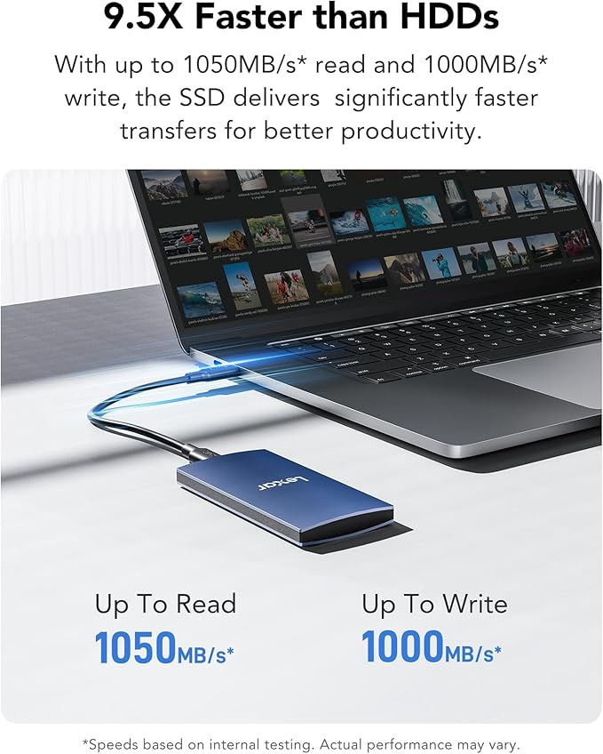 Lexar ES3 1TB External SSD, USB 3.2 Gen2 Portable SSD, PSSD Up to 1050MB/s Read, 1000MB/s Write, External Solid State Drive Compatible with iPhone 16/15 Series/Mac/PS5/XBOX/Laptop/PC, Blue