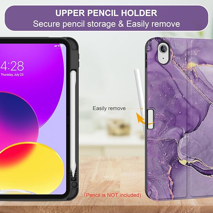 Soke for iPad (A16) 11th/10th Generation Case with Keyboard(2025/2022)-7 Color Backlight Wireless Detachable Folio Keyboard Cover with Built-in Pencil Holder for iPad 11/10.9 inch, Purple Marble