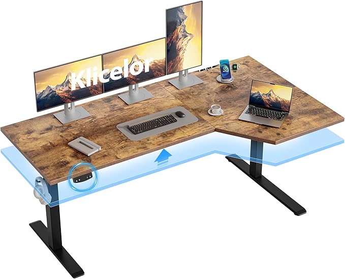 Klicelor 59 Inch L Shaped Standing Desk, Adjustable Height Corner Desk for Home Office Workstation, Sit Stand Desk with Two-Piece Desktop, Rustic Brown