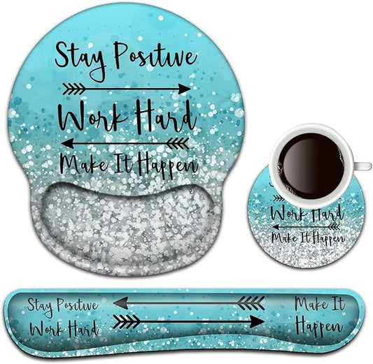 Keyboard Wrist Rest and Mouse Pad with Wrist Support, Ergonomic Mouse Pad Coaster,Easy Typing Pain Relief,Keyboard Mousepad Set,Stay Positive Work Hard and Make It Happen Blue Glitter