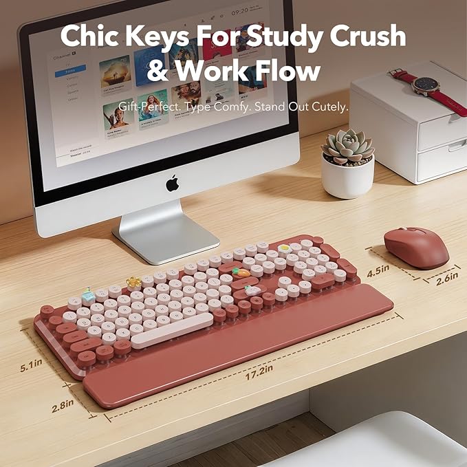 Wireless Keyboard and Mouse Combo, Wine Red Retro Typewriter Style Keyboard with Round Keycaps and Magnetic Wrist Rest, 2.4GHz Wireless for Mac, Windows PC, Laptop, Home Office, School, SABLUTE CK23