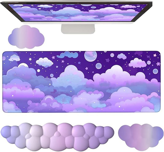 Purple Cloud Mouse Pad Cloud Keyboard Wrist Rest for Computer Keyboard Extended Large Desk Mat Pad Set 4PCS Memory Foam Non-Slip Ergonomic Cute Gaming Mouse Pads Wrist Support for Laptop Home Office