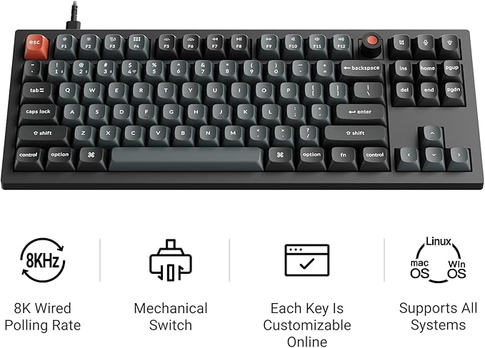 Keychron V3 8K TKL Wired Mechanical Keyboard, 8000 Hz Polling Rate QMK/VIA Programmable Hot-Swappable Gaming Keyboard with Knob, South-Facing RGB, Ergonomic PBT Keycaps for Mac Windows Linux