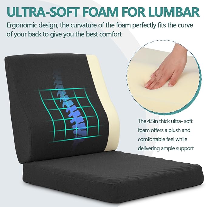 Shinnwa Lumbar Support Pillow for Recliner, Ultra-Soft Foam Back Support Pillow and Egg Crate Foam Seat Cushion 2-in-1 for Couch, Office Chair, for Back Pain Relief, Charcoal