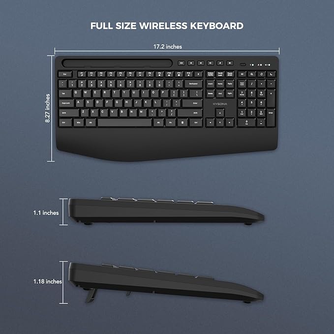 KYSONA 5th Gen Wireless Keyboard, 2.4G Full-Sized Cordless Ergonomic Keyboard with Wrist Rest, Phone ipad Holder, Adjustable Angle, Compatible with Laptop/PC/Mac/Windows, Black