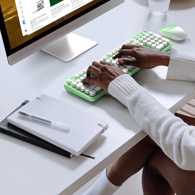 KNOWSQT Wireless Keyboard and Mouse Combo - White-Green Full-Sized 2.4 GHz 104 Keys Typewriter Keyboard, Flexible Round Keycap and Optical Mouse for Windows, Computer, PC, Laptop, Desktop, Mac