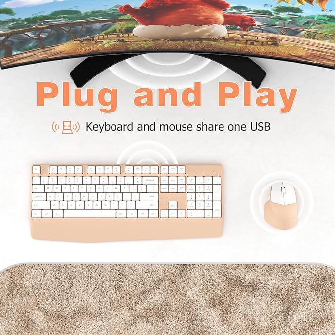 Wireless Keyboard and Mouse Combo, Ergonomic Keyboard with Wrist Rest, 2.4Ghz Wireless Connection, Compatible with PC/Laptop/Windows/Mac for Home and Office Use (White Milk Tea)