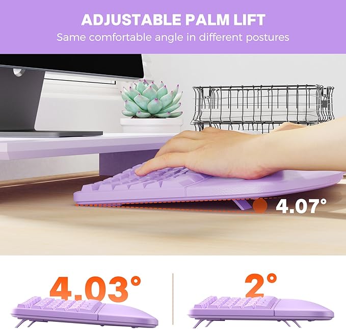 MEETION Ergonomic Keyboard and Mouse Combo, 2.4G Cordless Split Keyboard with Cushioned Palm Rest, Vertical Wireless Mousefor Windows/Mac Purple