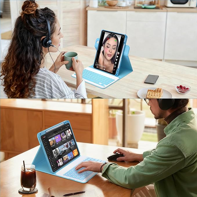YBING Bluetooth Keyboard Case for iPad 10th Gen 10.9 inch (2022) & 11th Gen (A16, 2025), 7-Color Backlit Detachable Keypad & Rotatable Magnetic Case with Pencil Holder (Blue)
