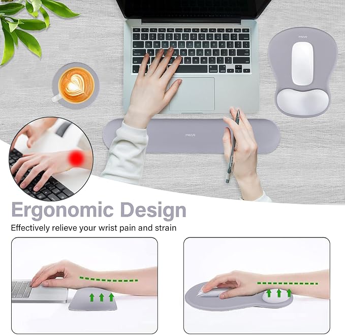 MOSISO Wrist Rest Support for Mouse Pad&Keyboard Set, Curved Ergonomic Mousepad&Coaster Non-Slip Base Home/Office Pain Relief&Easy Typing Cushion with Soft Cloth&Silicone Lining, Gray
