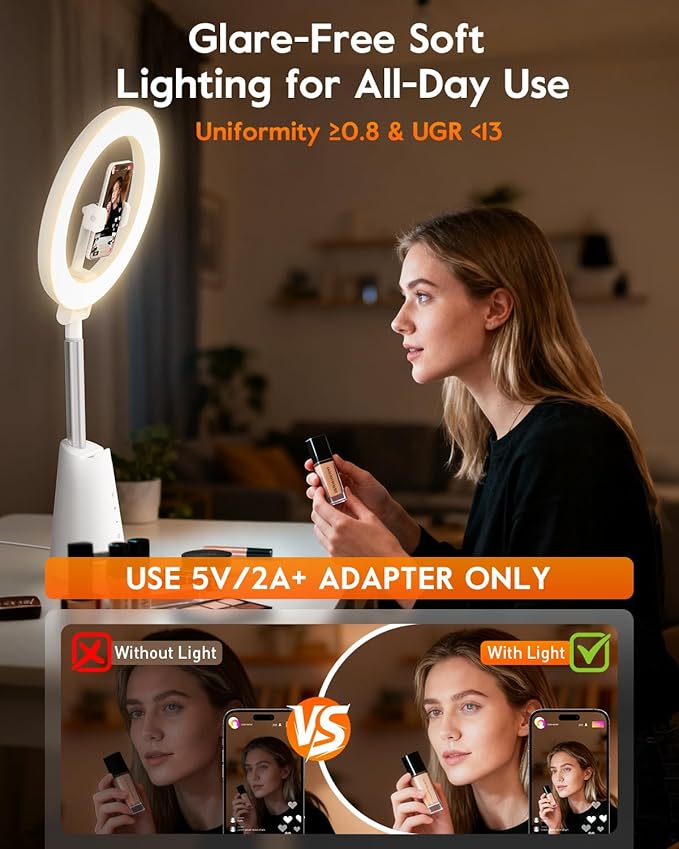 11" True-Color Desk Ring Light with Stand & Dual Phone Holders – CRI 98+ Soft Desk Selfie Light, 224 LEDs, 4 Color Modes, Touch Control for Makeup, Live Streaming, Video Recording, Zoom Calls&TikTok