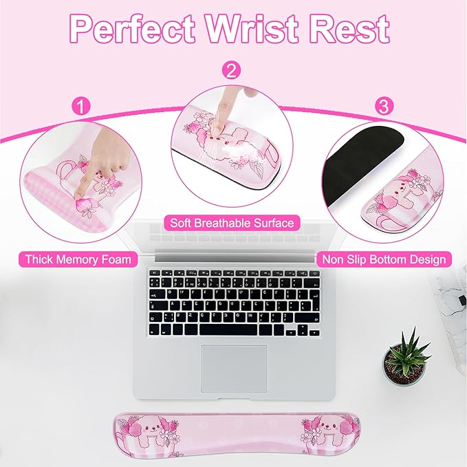 MEGREZ 4-in-1 Ergonomic Memory Foam Wrist Rest Set, Desk Pad, Mouse Pad with Wrist Rest, Keyboard Pad, Suitable for Office Workers, Programmers & Gamers–Relieve Typing & Gaming Fatigue, Pink