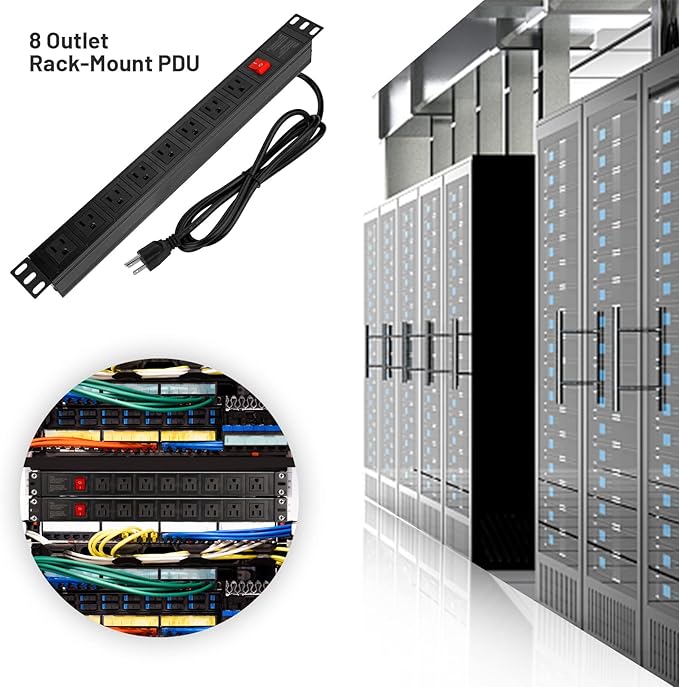 BTU Power Strip Surge Protector Rack-Mount PDU, 8 Right Angle Outlets Wide-Spaced, Mountable Power Strip Heavy Duty for Server Racks, Commercial, 300J,ETL (Black 6FT)