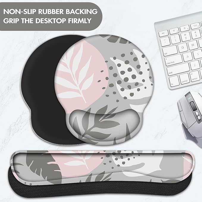 Keyboard Wrist Rest, Ergonomic Mouse Pad Wrist Support, Memory Foam Wrist Rest, Anti-Slip Base, Mousepad with Coaster for Computer Keyboard Office Home, Tropical Leaves