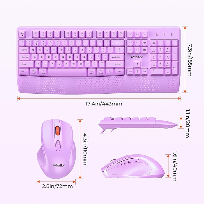 MEETION Wireless Keyboard and Mouse, Full-Sized Cordless Keyboard with Wrist Rest and 3 DPI Adjustable Mouse, 2.4G Wireless, Purple, for PC/Computer/Laptop/Windows/Mac