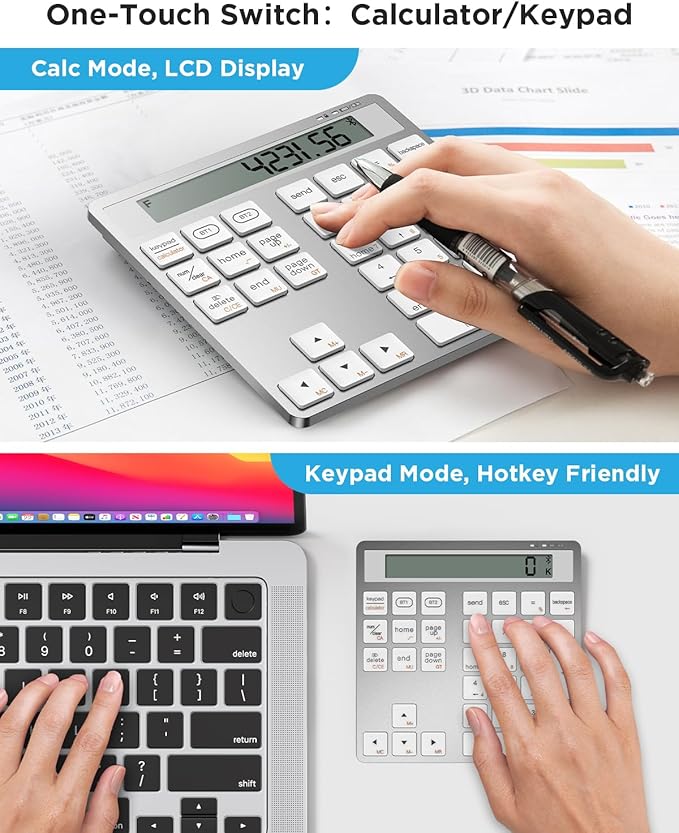 HoRiMe Number Pad for Laptop - Rechargeable Wireless Number Keypad 34 Keys with Dual Bluetooth, 2 in 1 Numeric Keypad Calculator with Display - Portable Slim Numpad for Windows, Mac, iMac, PC, Tablet