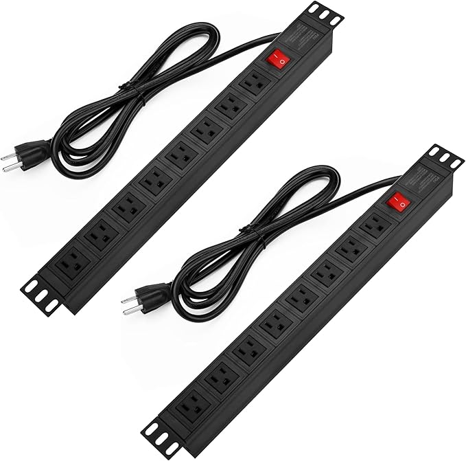 BTU 2PCS Power Strip Surge Protector Rack-Mount PDU, 8 Right Angle Outlets Wide-Spaced, Mountable Power Strip Heavy Duty for Server Racks, Commercial, 300J (Black 6FT)