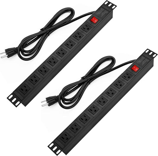 BTU 2PCS Power Strip Surge Protector Rack-Mount PDU, 8 Right Angle Outlets Wide-Spaced, Mountable Power Strip Heavy Duty for Server Racks, Commercial, 300J (Black 6FT)