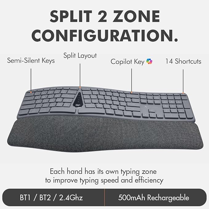X9 Gray Ergonomic Keyboard and Mouse Wireless Combo - Split Keyboard and Mouse Set, Bluetooth/2.4G, Soft Wrist Rest, Rechargeable, Silent Keys, Multi-Device for Laptop, PC, Mac, iOS, Android