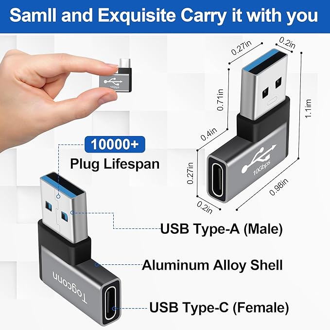 90 Degree USB to USB C Adapter 10Gbps, 4-Pack Right Angle Type-C (Female) to USB-A (Male) Converter Extender Support Charge & Data Transfer Compatible with Computers, Tablet, Laptop