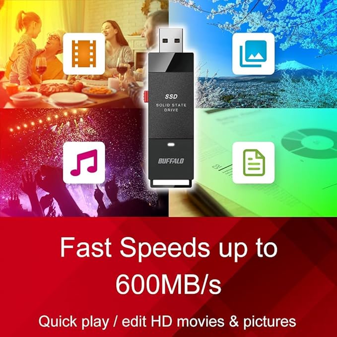 BUFFALO External SSD 2TB - Up to 600MB/s - USB-C - USB-A - USB 3.2 Gen 2 (Compatible with PS4 / PS5 / Windows/Mac) - External Solid State Drive Stick - ‎‎SSD-PUT2.0U3B