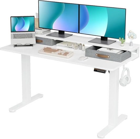Seang Electric Standing Desk with 2 Drawers, Adjustable Standing Desk with Storage Shelf, Height Adjustable Stand up Desk for Home Office with 3 Presets & 2 Hooks, 55 Inch, White