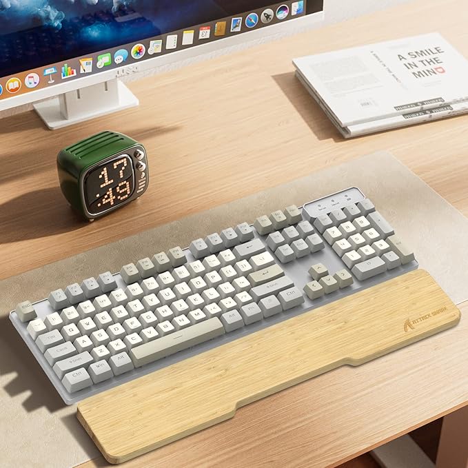 ATTACK SHARK Bamboo Wrist Rest for Computer Keyboard，Ergonomic Hard Palm Rest for Comfortable Typing Pain Relief，Anti-Slip Wrist Support for Office, Gaming, Laptop (104Key)