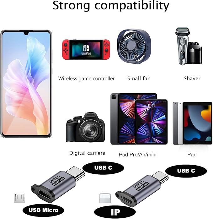 USB C to Micro Adapter, IP to USB C, and Type-C to USB A Adapter, (9 Pieces)，Supports Fast Charging up and Supports a Data Transfer 。