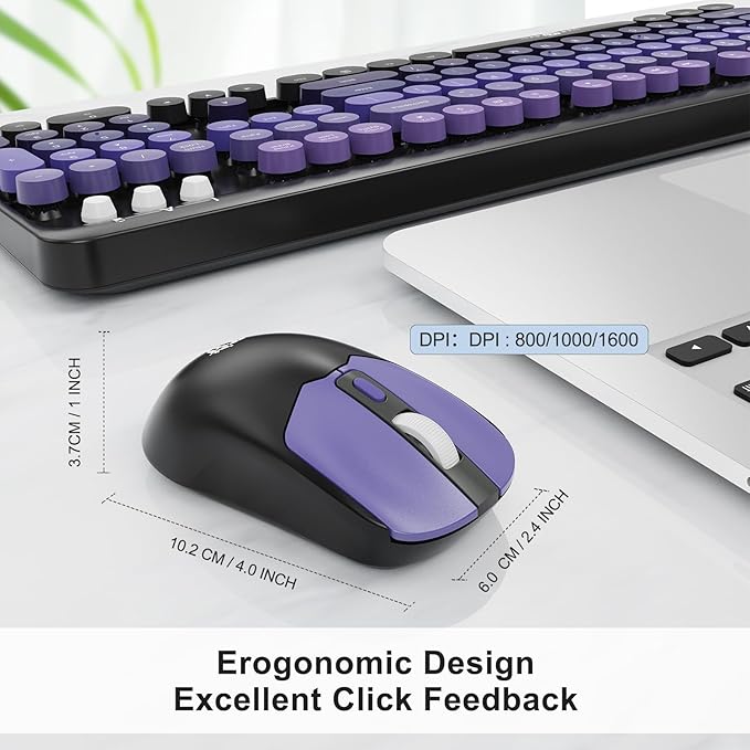 Wireless Keyboard Mouse Combo,Typewriter Cute Retro Style,104 Round Key Colorful Keyboard with Number Pad,Letton Full Size Keyboard Mouse with 3 DPI for PC Laptop Computer-Black Purple