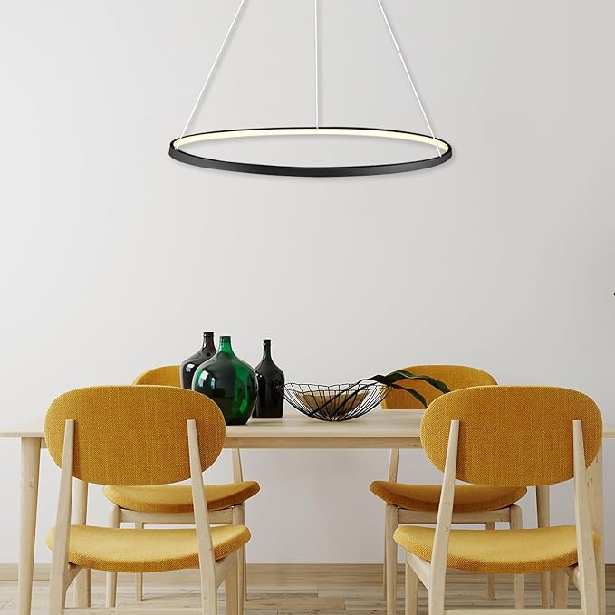 LightInTheBox Modern Pendant Light, 23.6" LED Ring Chandeliers Ceiling Light with Remote Control,Minimalist Halo Hanging Light Fixture Metal Acrylic White for Living Room Dinning Room Bedroom (Black)