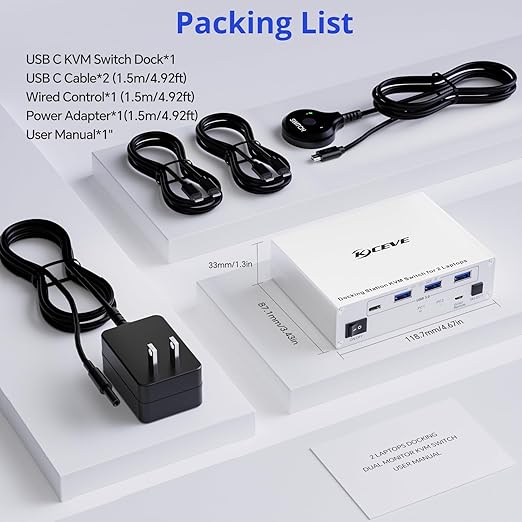 KCEVE 15-in-1 USB C Docking Station KVM Switch, USB 3.0 KVM Switch 2 Laptops 2 Monitors 4K@60Hz, 2 USB-C MST Port, Dual HDMI Out, 80W PD, 5Gbps, Gigabit Ethernet, TF/SD Card, Wired Remote