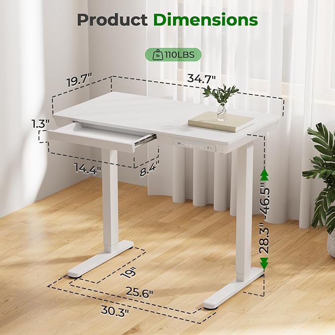 Small Standing Desk with Drawer, 35" x 20" Whole Piece Tabletop Electric Sit Stand Desk, Height Adjustable Desk with Storage & USB Ports, Quick Install Home Office Computer Desk, White