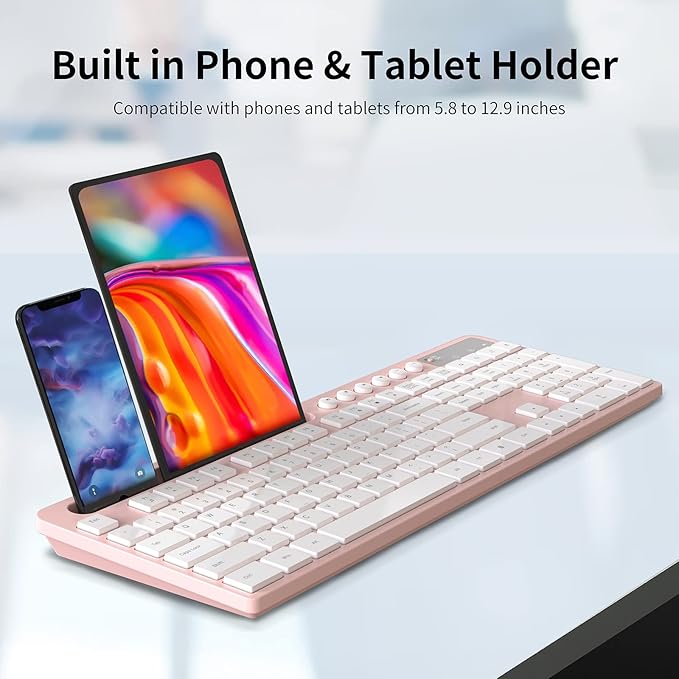 Wireless Keyboard and Mouse Combo, MARVO 2.4G Ergonomic Wireless Computer Keyboard with Phone Tablet Holder, Silent Mouse with 6 Button, Compatible with MacBook, Windows (Pink)